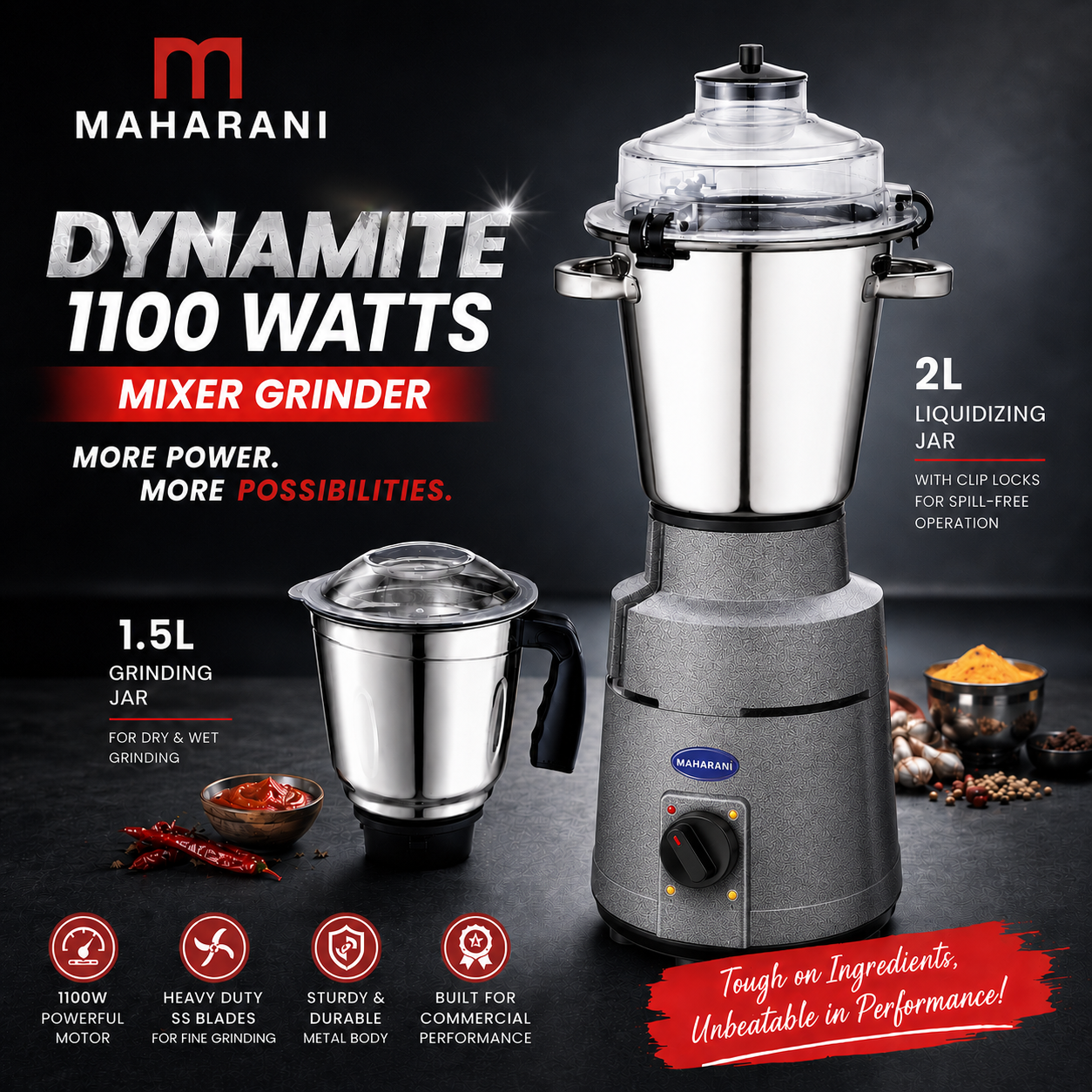 Maharani Dynamite Mixer Grinder - 1100 Watts - 2 Jars